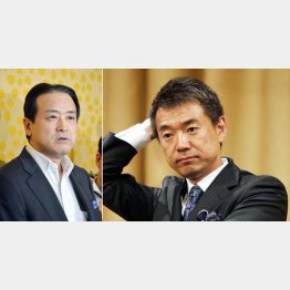維新の党の江田代表（左）と橋下大阪市長（Ｃ）日刊ゲンダイ