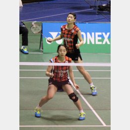 女子ダブルスで快勝した高橋(奥)、松友組