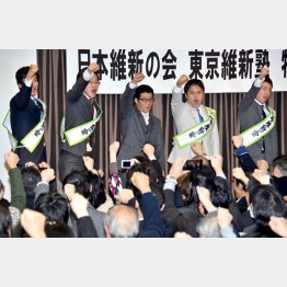 公認候補内定者と気勢を上げた松井府知事(中央)