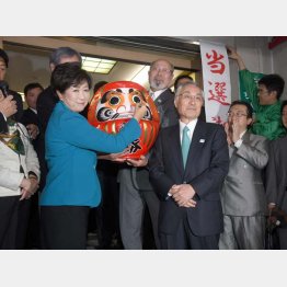 だるまに目を入れ、「主役は私」と言わんばかりの小池都知事と当選した石川区長(右)